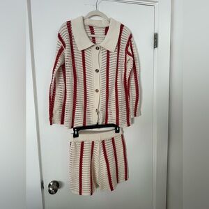 Commense Crochet Knit Striped 2-Piece Set (Cardigan + Shorts) Size S – Red/Cream